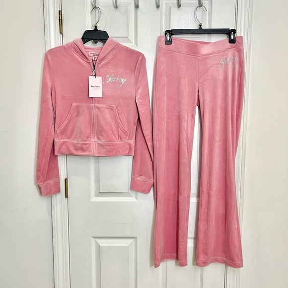 Juicy Couture Pants - Juicy Couture Rose Bling Velour Tracksuit Hoodie & Pants Rhinestone NWT Size S